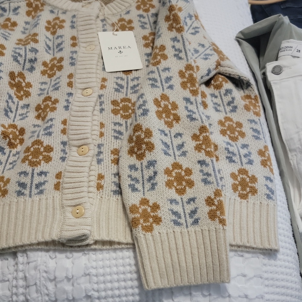 Nwt Floral Knit Cardigan - Cream and Brown Xs - Picture 4 of 6